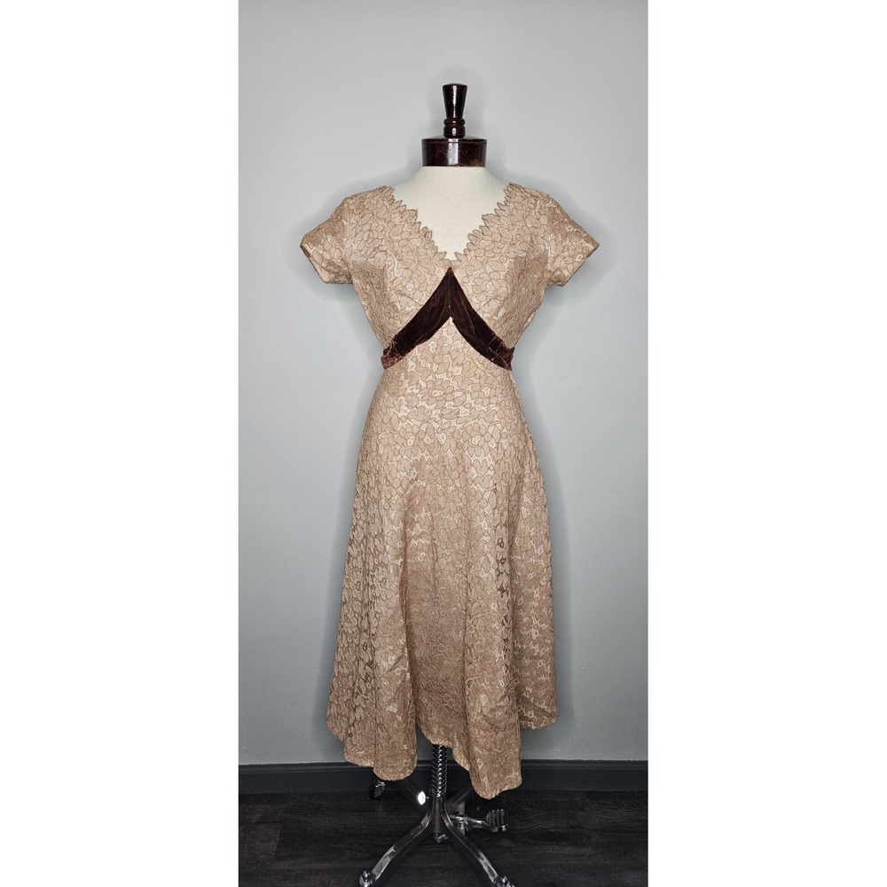 Vintage 1950s Tan Floral Lace Party Dress Chocolate Velvet Bow